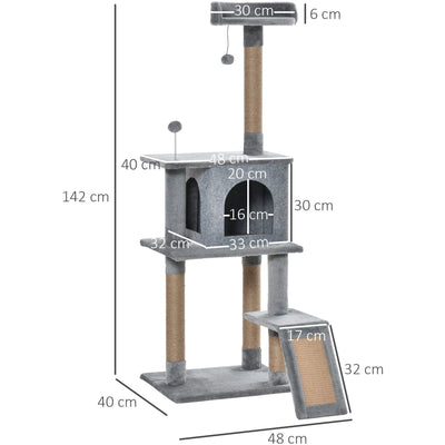 142cm Cat Tree, Climbing Centre, Jute Post, Condo, Grey Pawhut