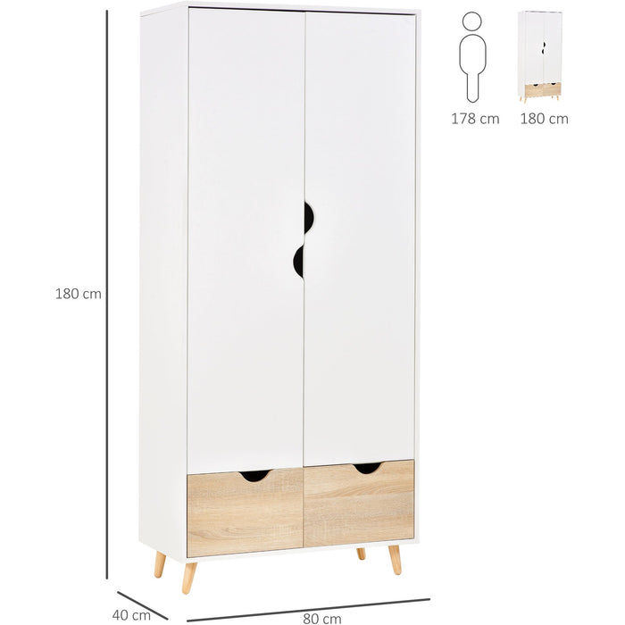 White Wardrobe: 2-Doors, 2 Drawers, Rail & Shelf