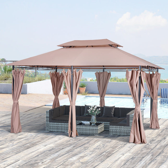 Metal Frame Gazebo With Sides, Garden Pavilion, 4x3m, Brown