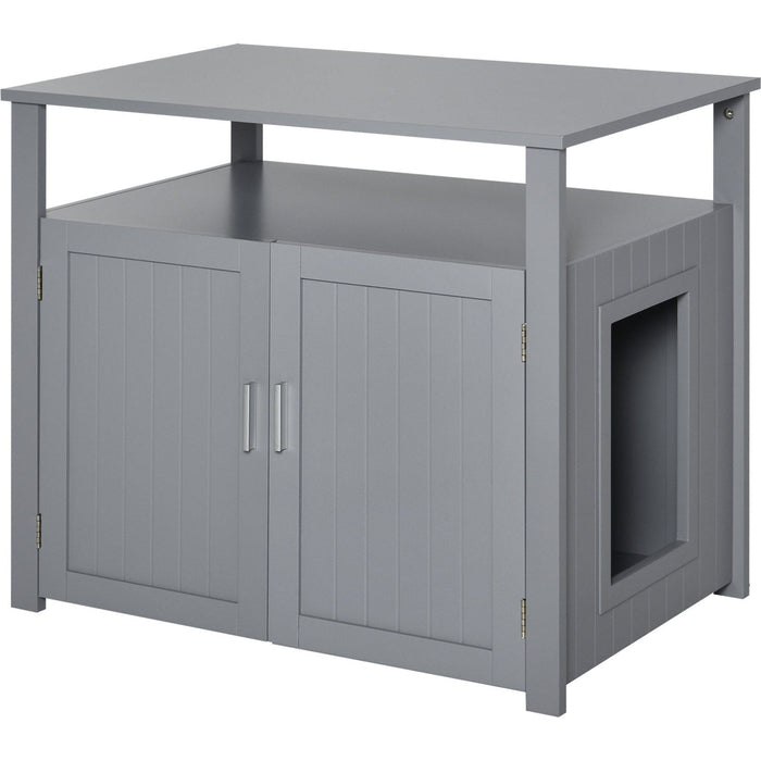 Grey Wooden Cat Litter Box Enclosure, Shelf, Double Doors