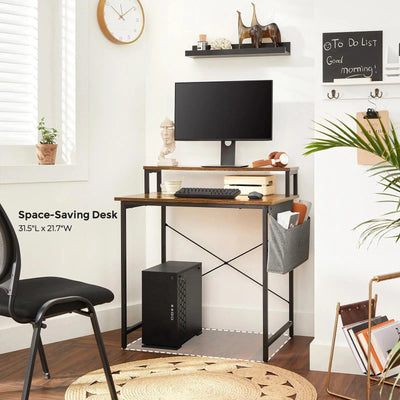 Small Desk with Monitor Shelf by Vasagle (80cm) - industrial style with black steel frame and rustic brown wooden desktop