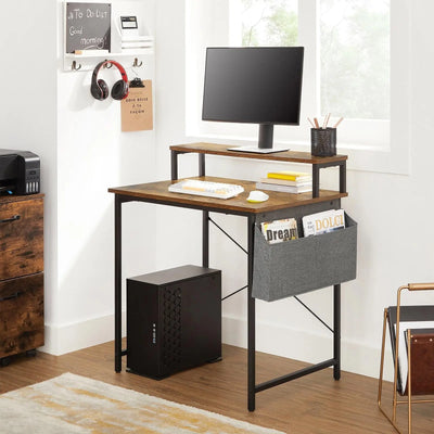 Small Desk with Monitor Shelf by Vasagle (80cm) - industrial style with black steel frame and rustic brown wooden desktop