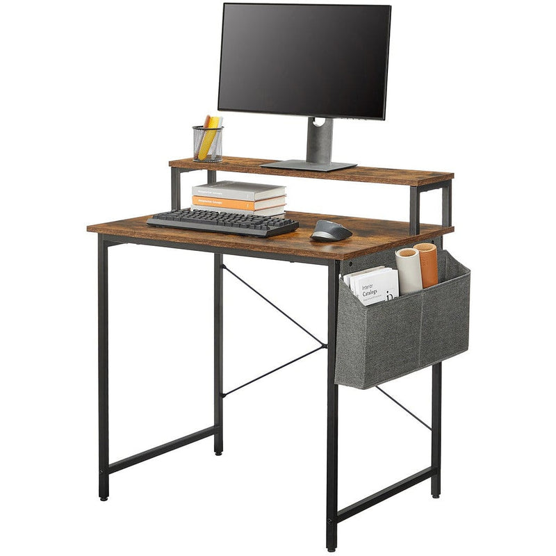 Small Desk with Monitor Shelf by Vasagle (80cm) - industrial style with black steel frame and rustic brown wooden desktop