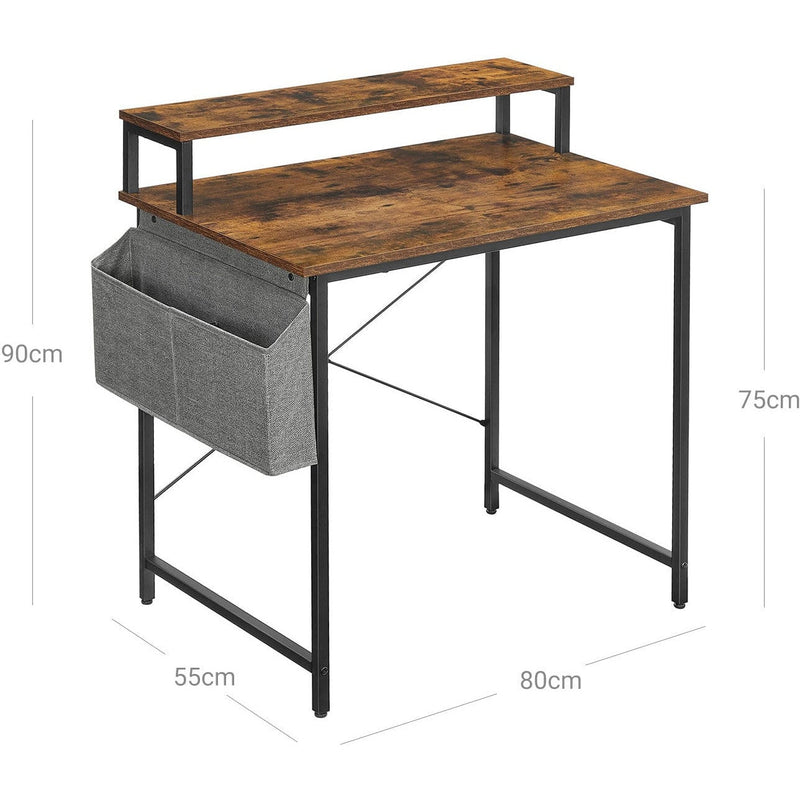 Small Desk with Monitor Shelf by Vasagle (80cm) - industrial style with black steel frame and rustic brown wooden desktop