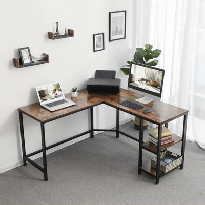 L Shaped Desk With Shelves For Home Office by Vasagle - Features a black steel frame with greige desktop, and two shelves underneath to the right