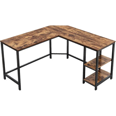 L Shaped Desk With Shelves For Home Office by Vasagle - Features a black steel frame with greige desktop, and two shelves underneath to the right