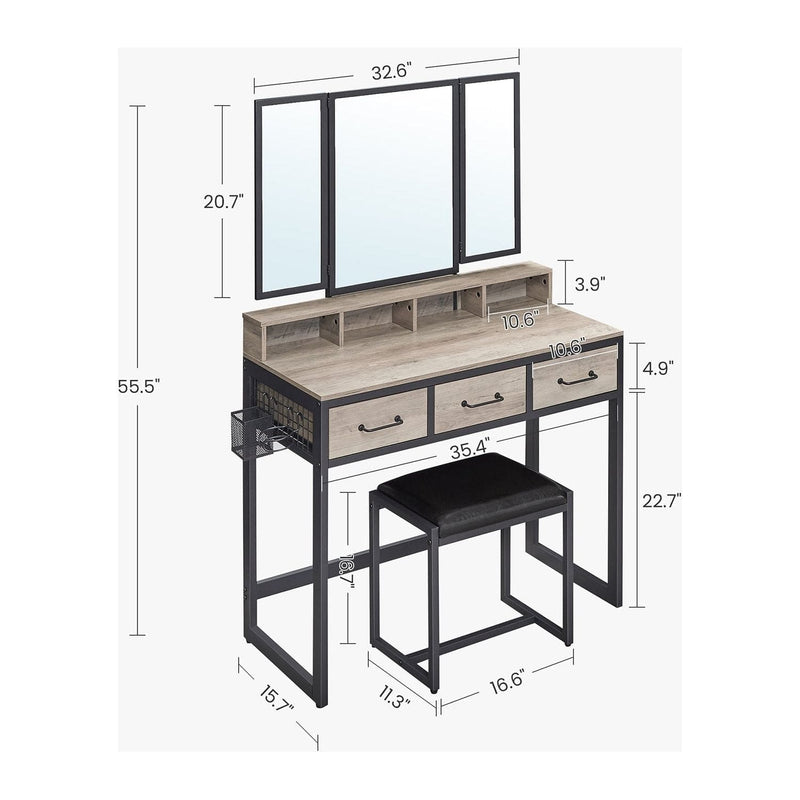Vasagle White Dressing Table With Mirror, Drawers, and Stool For Bedroom Dressing Room