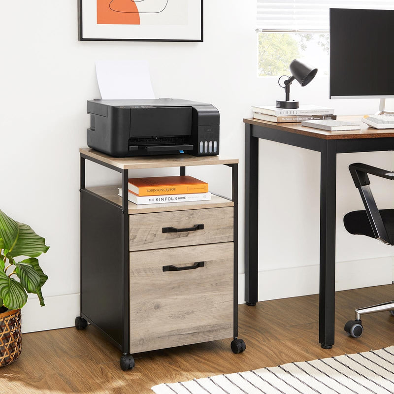 Small Under Desk Filing Cabinet With Wheels For Home Office, Greige Wooden Body and Black Steel Frame by Vasagle