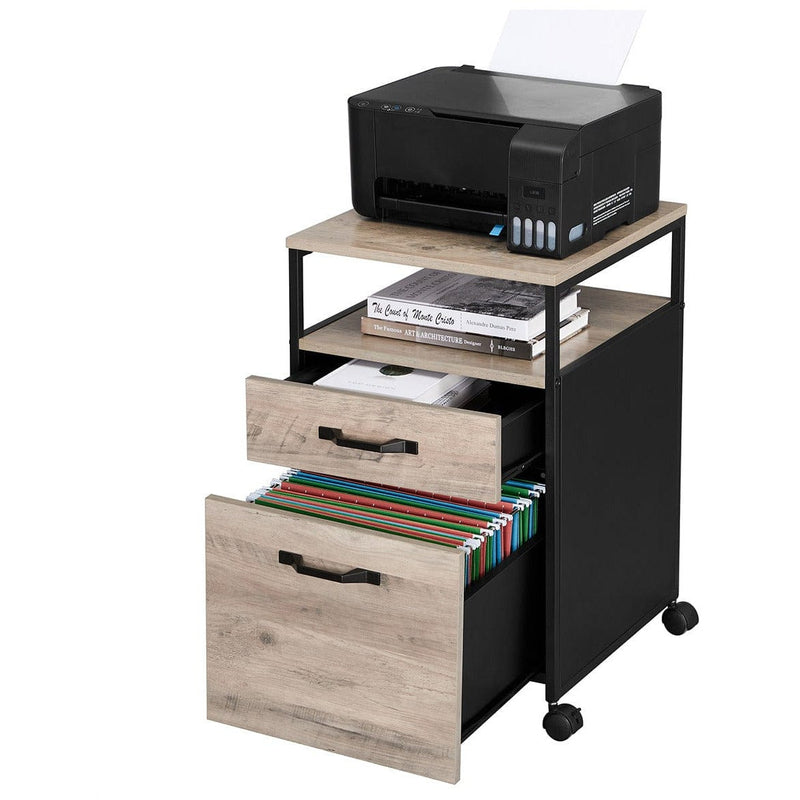 Small Under Desk Filing Cabinet With Wheels For Home Office, Greige Wooden Body and Black Steel Frame by Vasagle