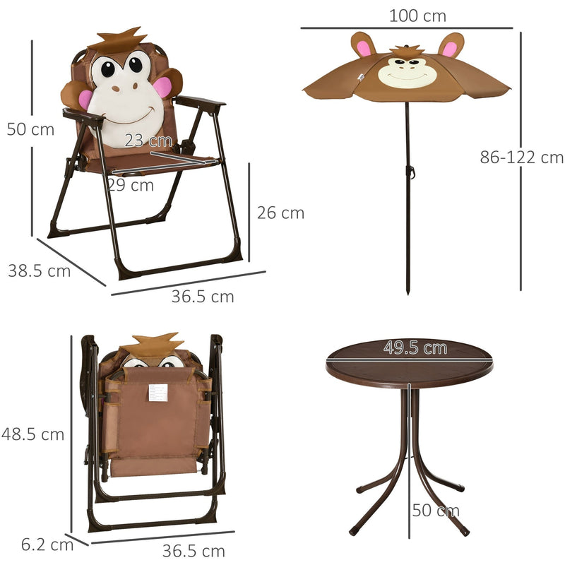 Outsunny Kids Picnic & Table Chair set, Outdoor Folding Garden Furniture w/ Monkey Design, Removable, Adjustable Sun Umbrella, Ages 3-6 Years - Brown Outsunny
