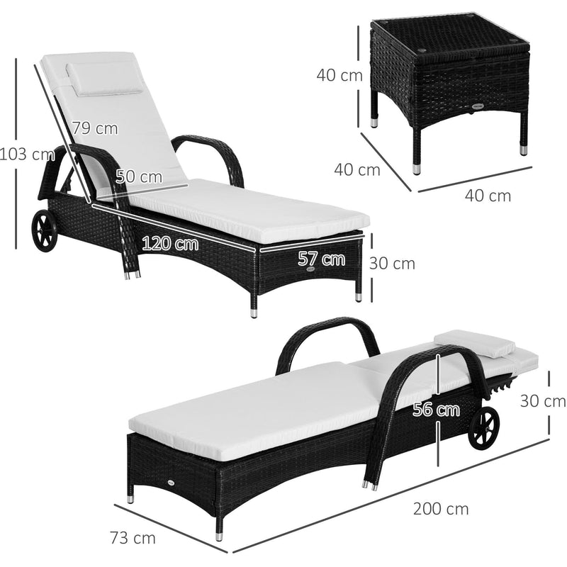 3pc Rattan Garden Lounge Set, Wheeled Loungers, Table