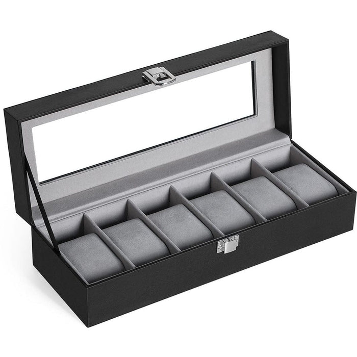 Black Leather Watch Display Box, Holds 6 Watches