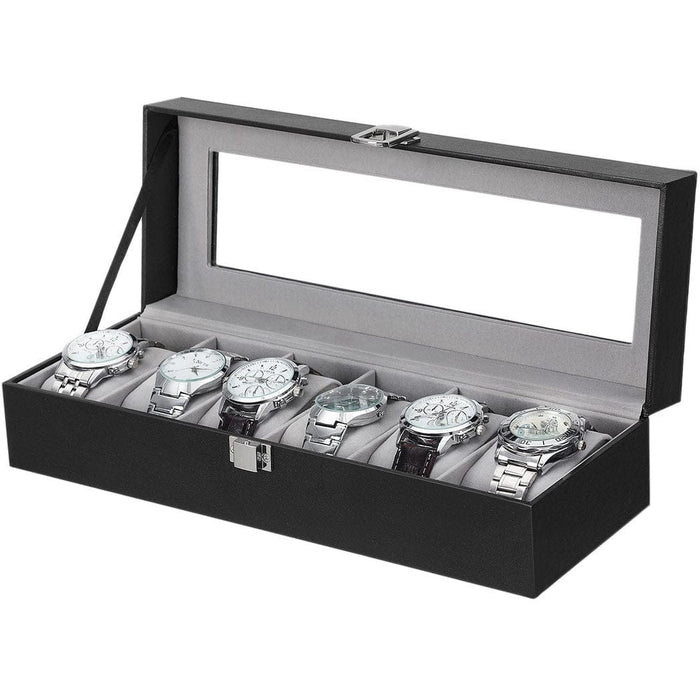 Black Leather Watch Display Box, Holds 6 Watches