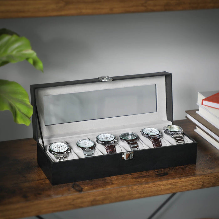Black Leather Watch Display Box, Holds 6 Watches