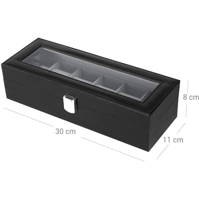 Black Leather Watch Display Box, Holds 6 Watches