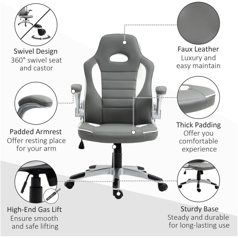 Vinsetto Grey PU Leather Gamer Chair With Swivel Wheels Adjustable Arms
