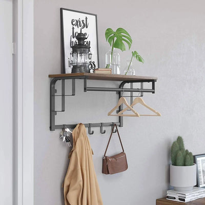 Industrial Wall Mounted Coat Rack With Shelf by Vasagle - black steel frame with rustic brown wooden shelf
