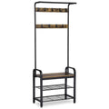 Industrial Coat and Shoe Rack For Hallway by Vasagle - black steel frame, rustic brown wooden seat, two open shelves for shoes and 9 coat hooks