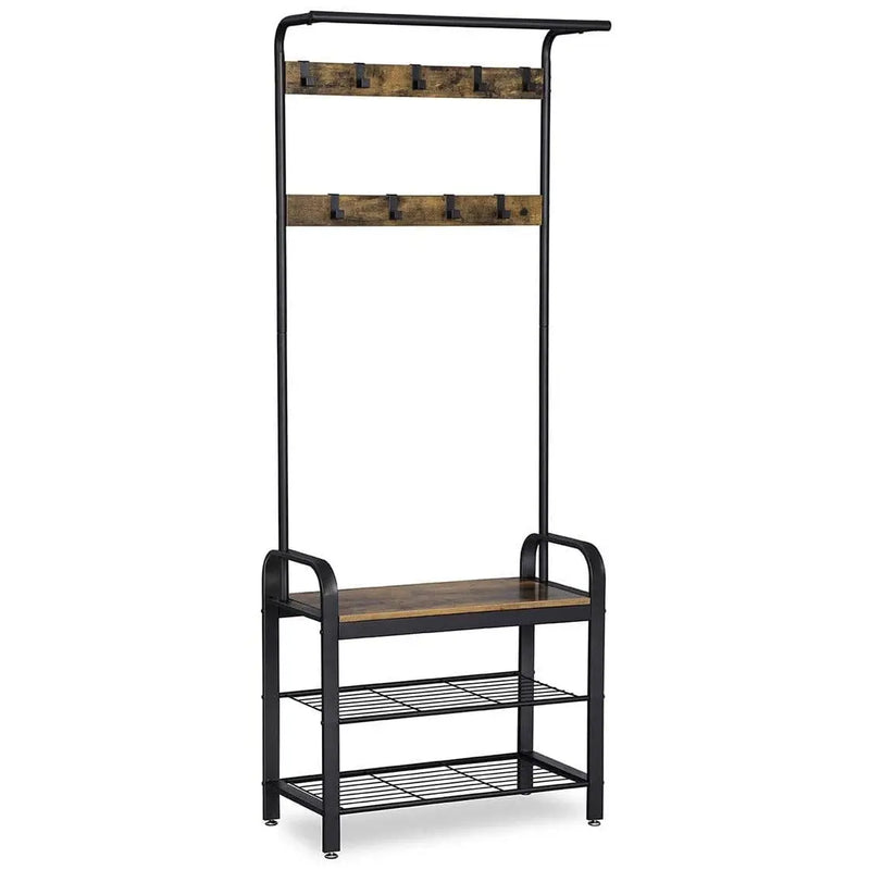 Industrial Coat and Shoe Rack For Hallway by Vasagle - black steel frame, rustic brown wooden seat, two open shelves for shoes and 9 coat hooks