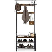 Industrial Coat and Shoe Rack For Hallway by Vasagle - black steel frame, rustic brown wooden seat, two open shelves for shoes and 9 coat hooks