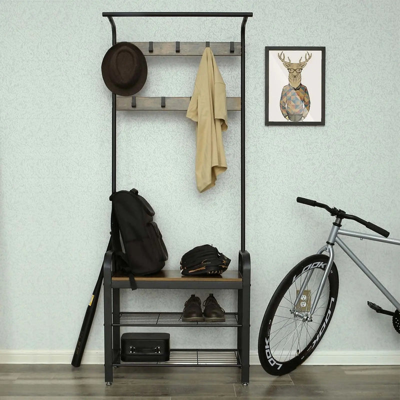 Industrial Coat and Shoe Rack For Hallway by Vasagle - black steel frame, rustic brown wooden seat, two open shelves for shoes and 9 coat hooks