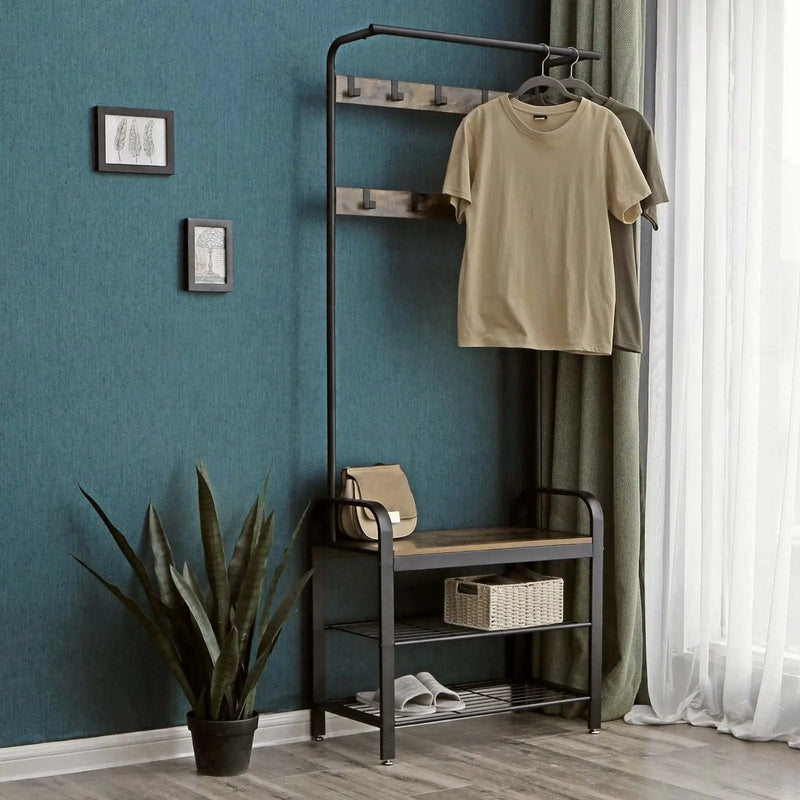 Industrial Coat and Shoe Rack For Hallway by Vasagle - black steel frame, rustic brown wooden seat, two open shelves for shoes and 9 coat hooks