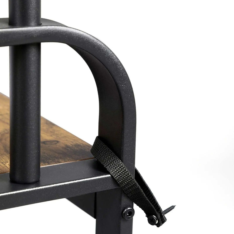 Industrial Coat and Shoe Rack For Hallway by Vasagle - black steel frame, rustic brown wooden seat, two open shelves for shoes and 9 coat hooks