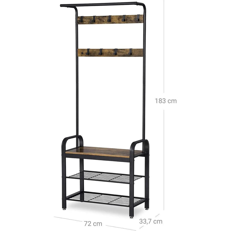 Industrial Coat and Shoe Rack For Hallway by Vasagle - black steel frame, rustic brown wooden seat, two open shelves for shoes and 9 coat hooks