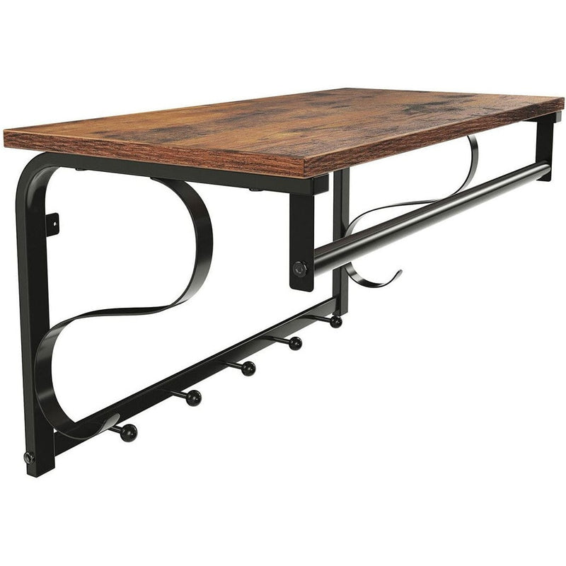 Vintage Coat Rack Wall Mounted by Vasagle - Features a black steel frame and rustic brown wooden shelf with five hooks for hanging coats