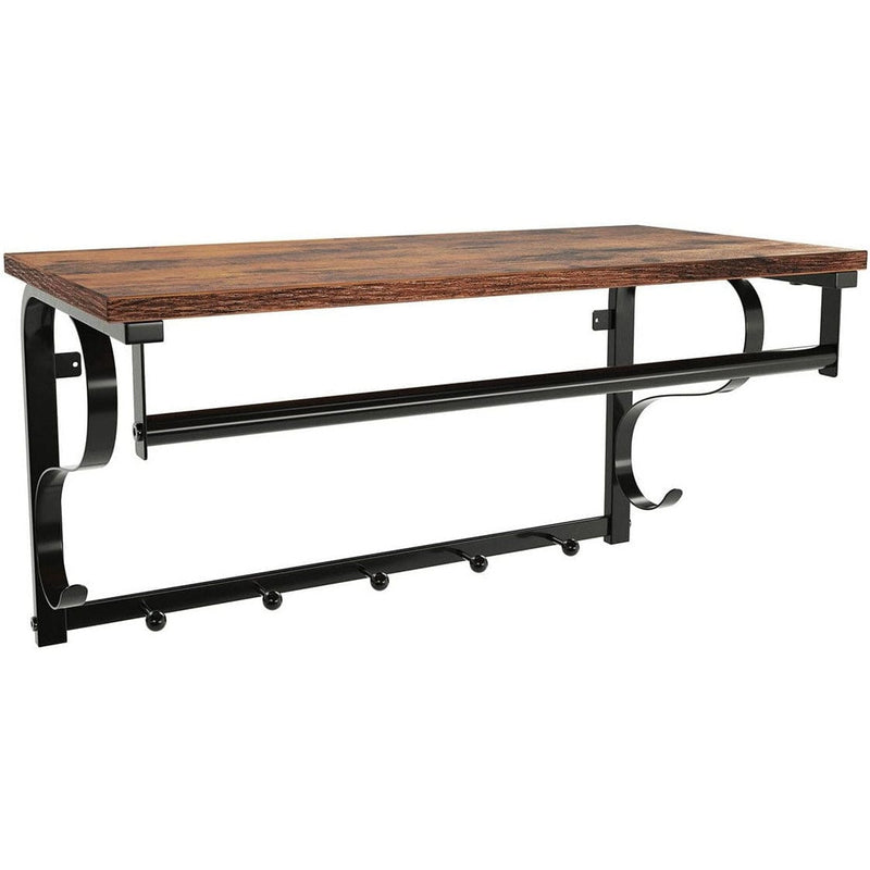 Vintage Coat Rack Wall Mounted by Vasagle - Features a black steel frame and rustic brown wooden shelf with five hooks for hanging coats