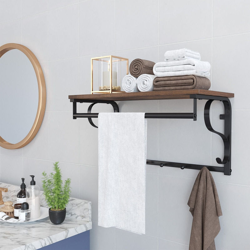 Vintage Coat Rack Wall Mounted by Vasagle - Features a black steel frame and rustic brown wooden shelf with five hooks for hanging coats