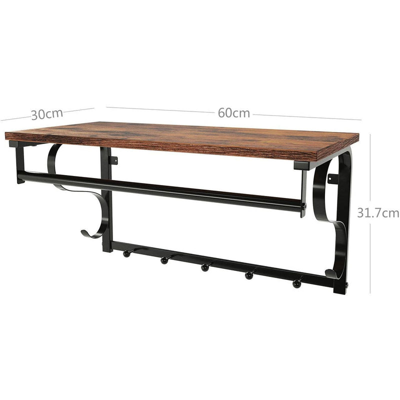 Vintage Coat Rack Wall Mounted by Vasagle - Features a black steel frame and rustic brown wooden shelf with five hooks for hanging coats