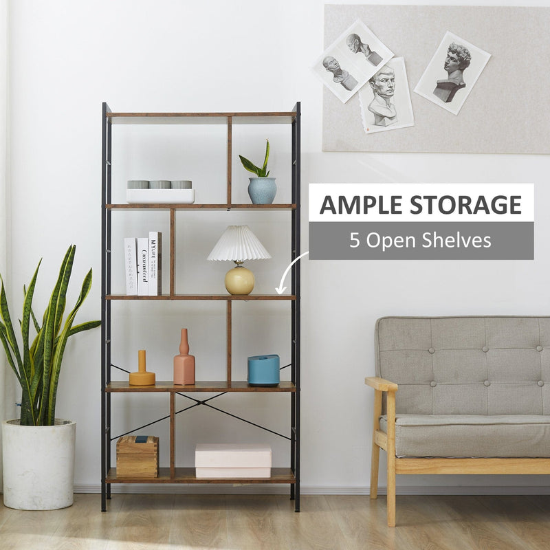 5 Shelf Industrial Bookcase, Rustic Brown, Metal Frame