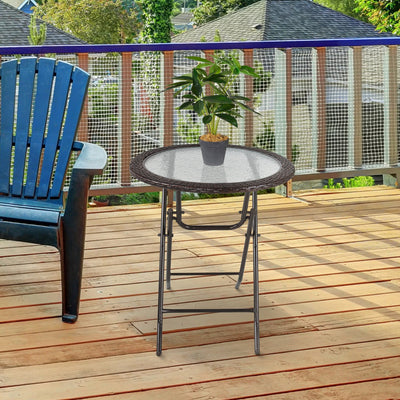 Folding Rattan Table with Glass Top for Small Spaces Indoor or Outdoor Use Brown Outsunny