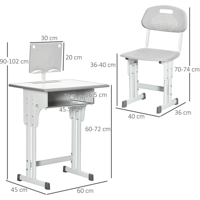 Kids Desk & Chair Set with Storage & Book Stand, Grey