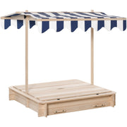 Wooden Sandpit with Adjustable Canopy and Benches for Shaded Outdoor Play Natural Blue White Outsunny