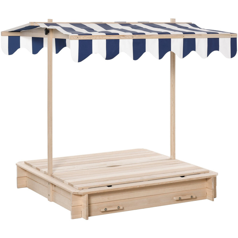 Wooden Sandpit with Adjustable Canopy and Benches for Shaded Outdoor Play Natural Blue White Outsunny
