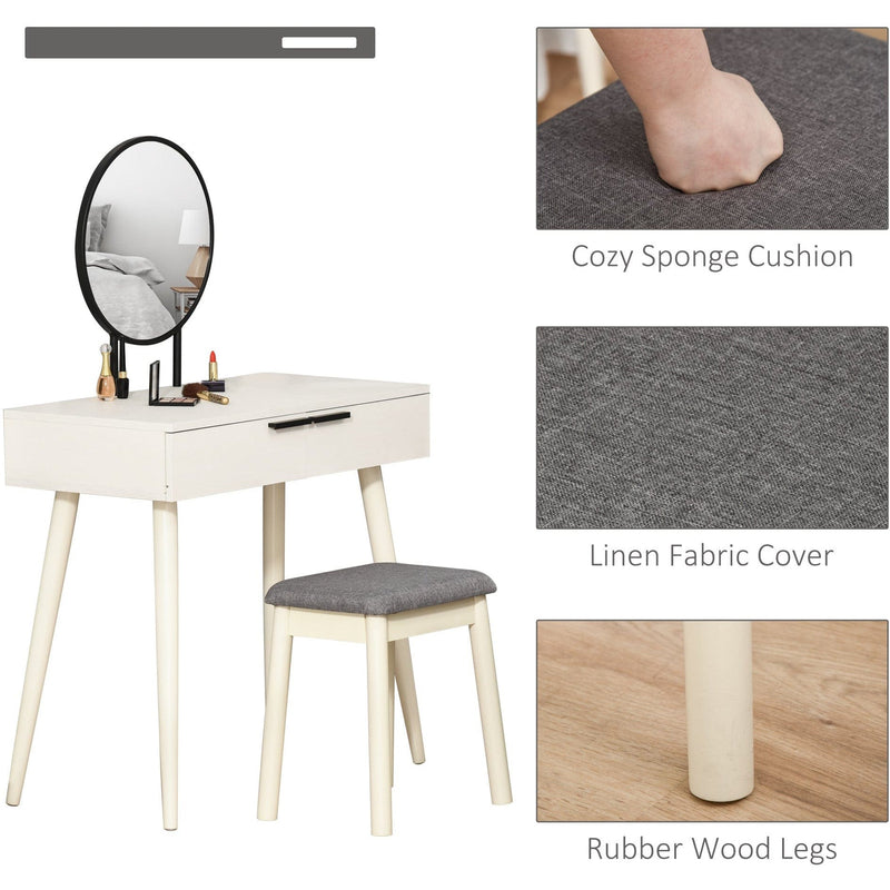 Modern Dressing Table With Round Mirror and Stool