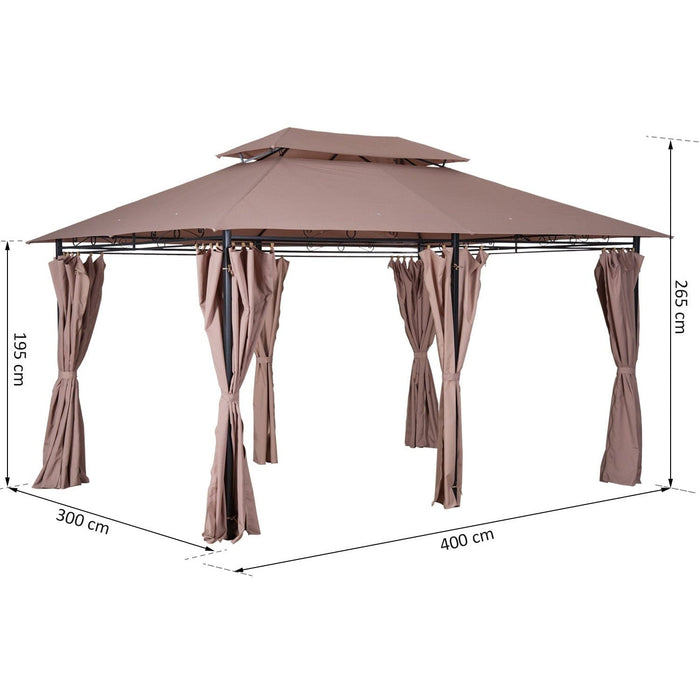 Metal Frame Gazebo With Sides, Garden Pavilion, 4x3m, Brown