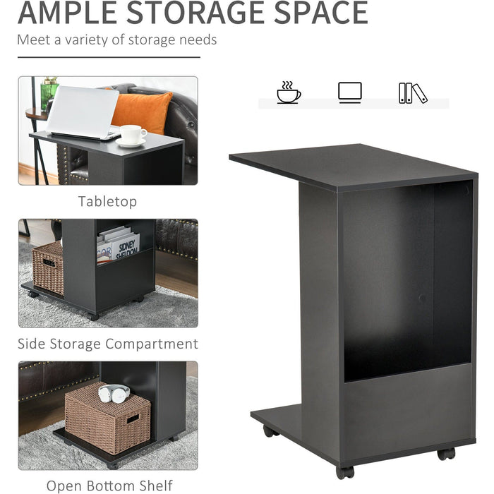 C Shape Mobile Sofa Side Table with Storage, Casters