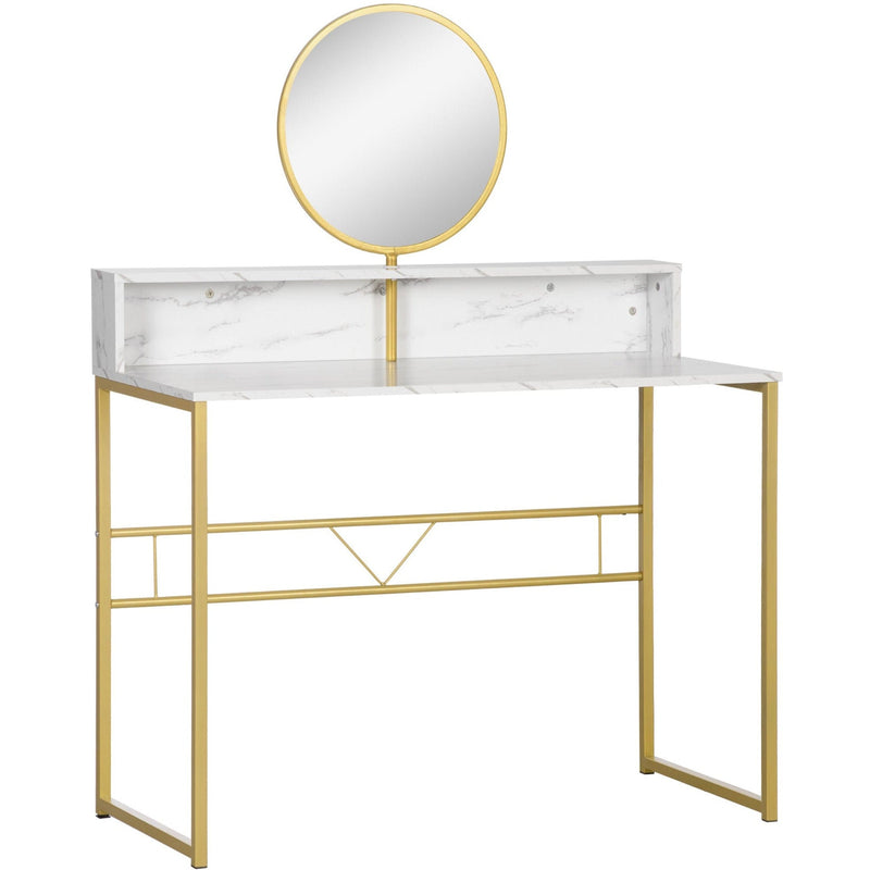 Dressing Table With Round Mirror, Gold Frame, Marble Effect