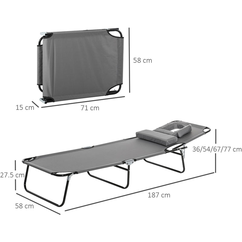 Outsunny Sun Lounger Foldable Reclining Chair with Pillow and Reading Hole Garden Beach Outdoor Recliner Adjustable Grey Outsunny