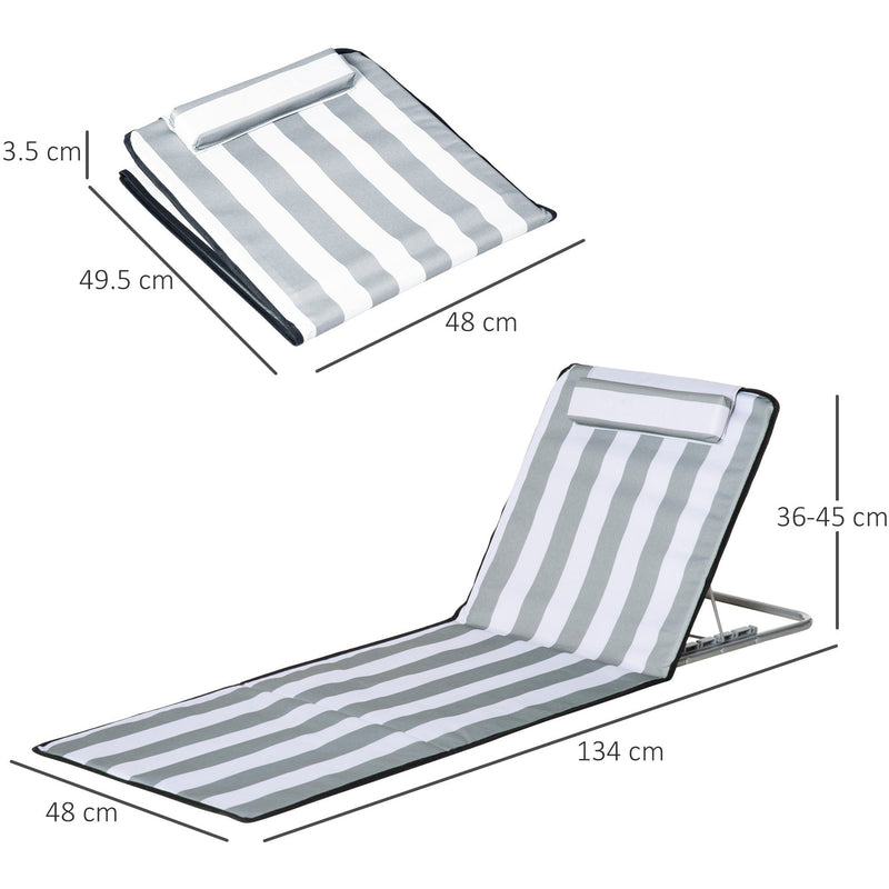 Outsunny Set of 2 Foldable Garden Beach Chair Mat Lightweight Outdoor Sun Lounger Seats Adjustable Back Metal Frame PE Fabric Head Pillow, Light Grey Outsunny