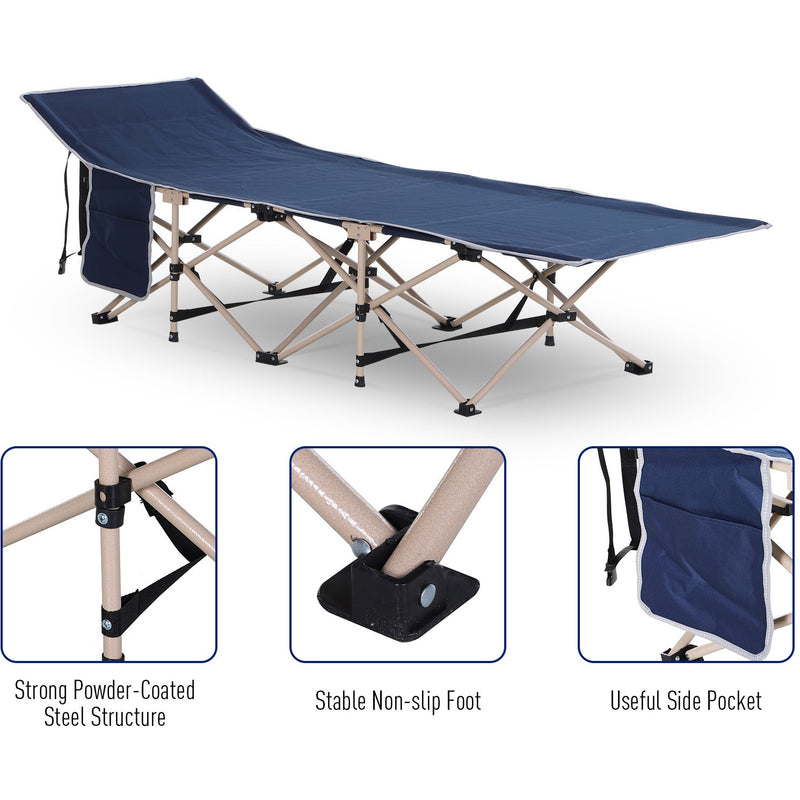 Outsunny Single Person Camping Folding Cot Outdoor Patio Portable Military Sleeping Bed Travel Guest Leisure Fishing with Carry Bag, Blue Outsunny