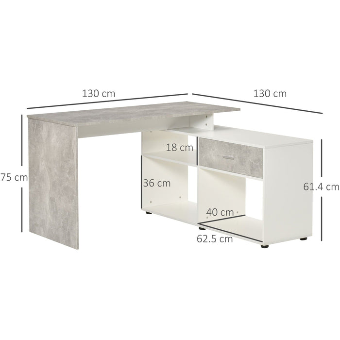 Corner Desk with Shelves and Drawer, Grey/White, Space Saver