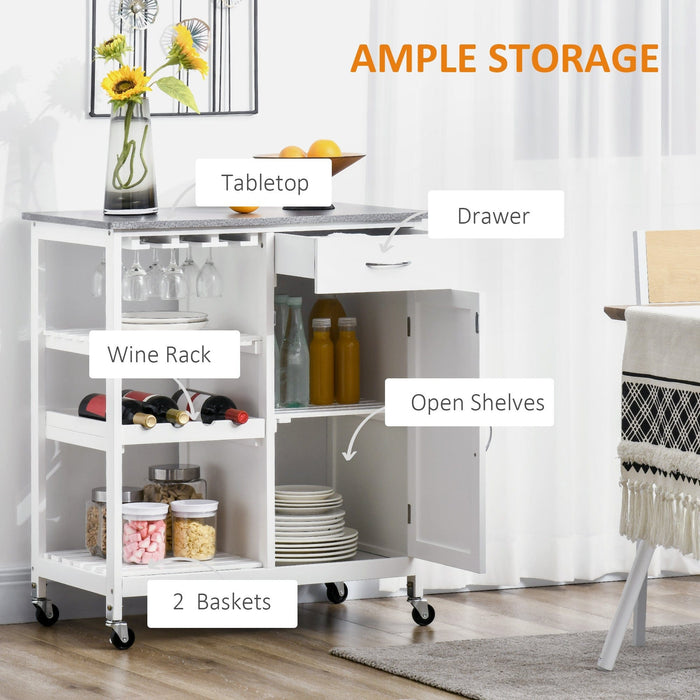 White Kitchen Trolley, Wine Rack, Drawer, Cabinet, Wheels