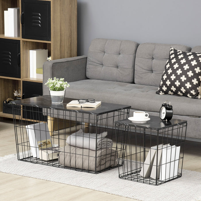 2 Piece Side Table Set with Wire Storage Basket