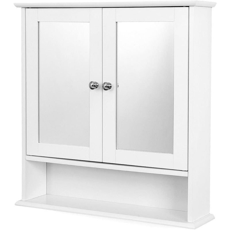 Mirrored Bathroom Wall Cabinet by Vasagle - white wood with double mirrored doors, an open shelf,  and chrome knobs.