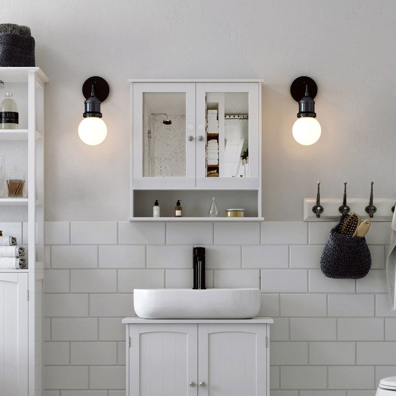 Mirrored Bathroom Wall Cabinet by Vasagle - white wood with double mirrored doors and chrome knobs