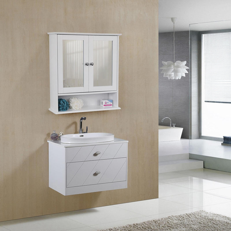 Mirrored Bathroom Wall Cabinet by Vasagle - white wood with double mirrored doors and chrome knobs